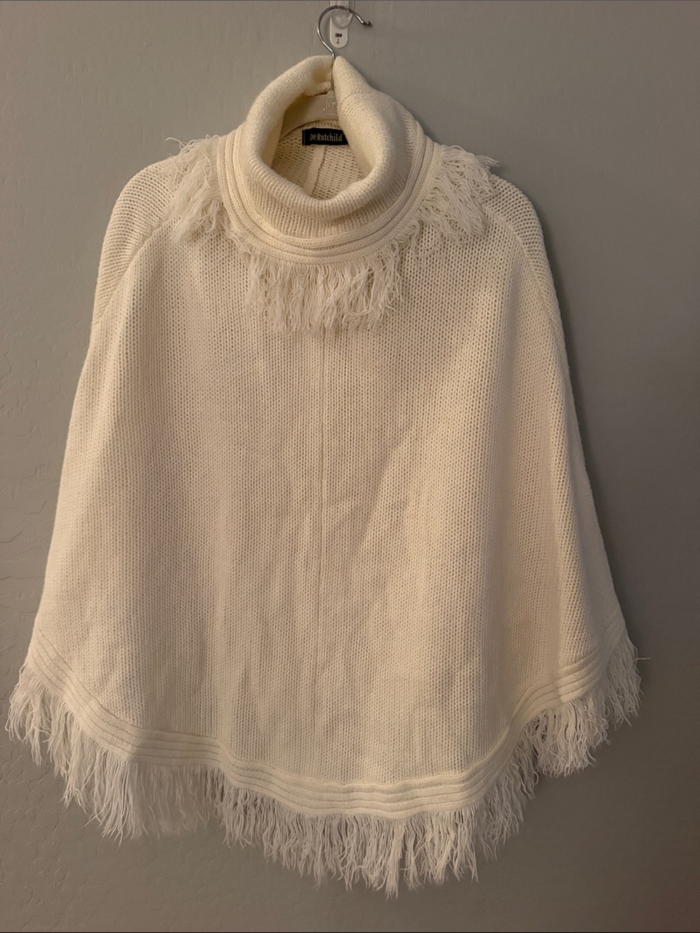DeRotchild Fringe Trim Turtleneck Poncho - Cream L/XL